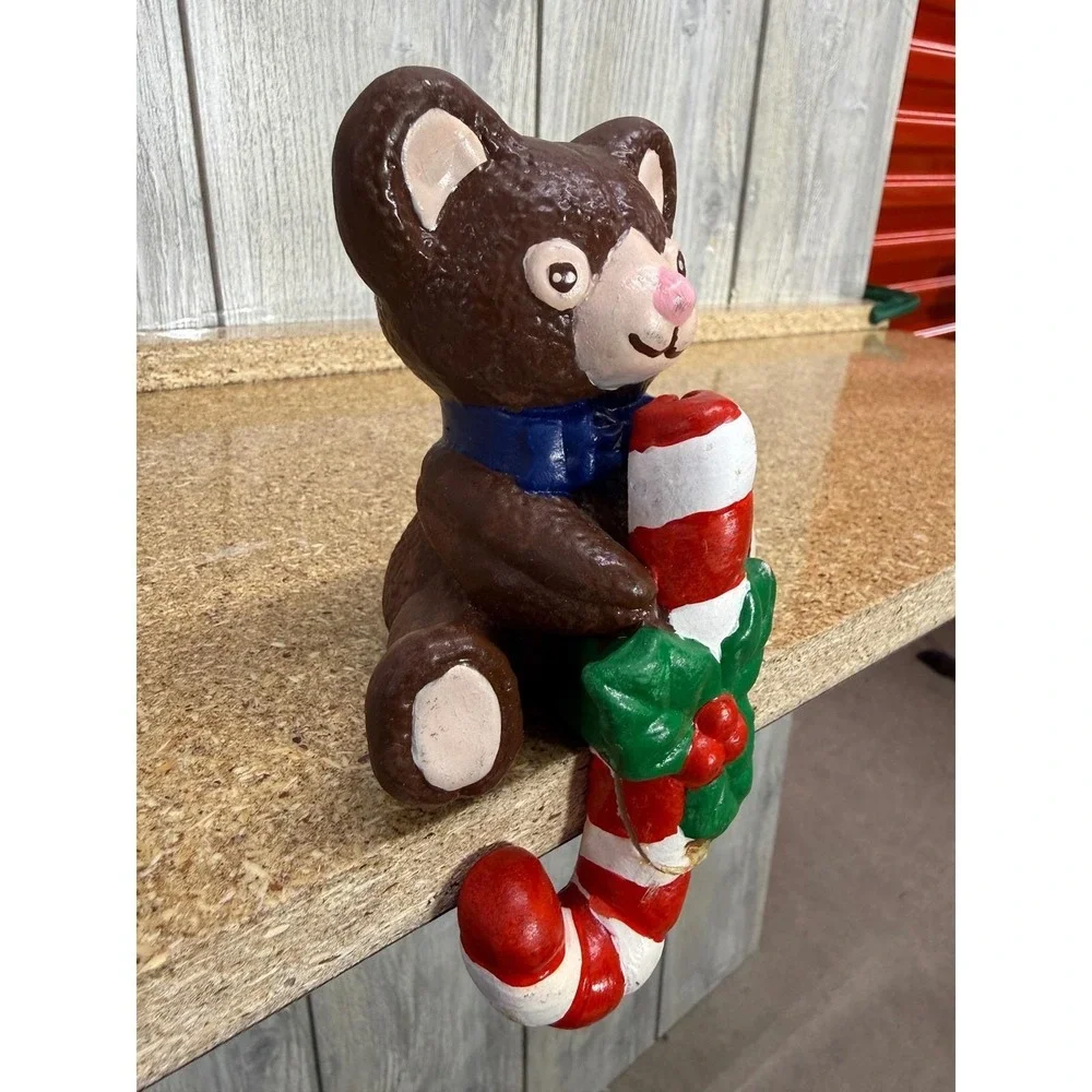 Vintage Ceramic Teddy Bear Stocking Holder Candy Cane Christmas Mantle Decor